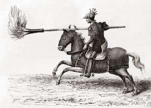 A medieval knight carrying a fire lance, or fire spear, one of the first gunpowder weapons in the world, from Les Merveilles de la Science, published c.1870 (engraving) بواسطة المدرسة الفرنسية
