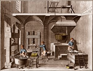 مطحنة الورق - القرطاسية: الكلية - "" الموسوعة الكبرى ، ou Dictionnaire Raisonne des Sciences، des Arts et des Metiers "(موسوعة أو قاموس العلوم والفنون والمهن) بقلم دينيس ديدرو (1713-1784) وجان د. أليمبرت (1717-1783). بواسطة المدرسة الفرنسية