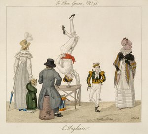 فنان يقف على رأسه يوازن على زجاج ، لوحة 96 من le Bon Genre ، c.1810 (نقش الألوان) بواسطة المدرسة الفرنسية