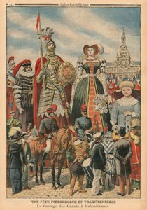 وليمة خلابة وتقليدية ، موكب العمالقة في فالنسيان ، توضيح من `` Le Petit Journal &39;&39; ، ملحق illustre ، 10 يوليو 1910 (colout litho) بواسطة المدرسة الفرنسية