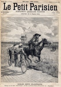 تسابق متسابق ضد متسابق السرعة: ويليام فريدريك كودي (1846-1917) ، المعروف باسم بوفالو بيل ، المعروف باسم ملك رعاة البقر وراكبي الدراجات غابي وفورنييه في تانديم. احدى جريدة "Le petit Parisien" بتاريخ 26/11/1893 (نقش) بواسطة المدرسة الفرنسية