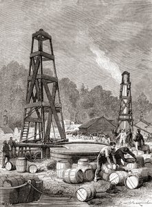 مصدر بترول في أويل كريك على نهر أليغيني ، بنسلفانيا ، الولايات المتحدة الأمريكية عام 1858 ، اكتشفه إدوين لورنتين دريك ، المعروف أيضًا باسم الكولونيل دريك ، من "ليه ميرفييل دي لا ساينس" ، نُشر عام 1870 (نقش) بواسطة المدرسة الفرنسية