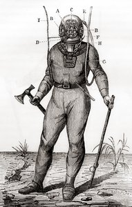 بدلة غطس قياسية حاصلة على براءة اختراع من جوزيف مارتن كابيرول في عام 1855 ، من "Les Merveilles de la Science" ، تم نشرها حوالي عام 1870 (نقش) بواسطة المدرسة الفرنسية