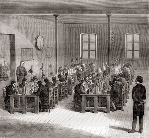 A telegraph station in Paris, France c.1870, from Les Merveilles de la Science, published c.1870 (engaving) بواسطة المدرسة الفرنسية