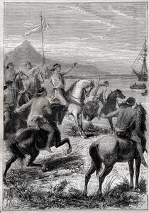 كانت مجموعة من الرجال على ظهور الخيل ترتدي العلم الأبيض: نائب الأميرال جون بايرون (1723-1786) استقبله سكان كيب دي فيرجينز الأصليون ، عند المصب الشرقي لماجلان في ديترويت عام 1764 - رسم توضيحي من "البحارة العظماء في القرن الثامن عشر" "" بواسطة المدرسة الفرنسية