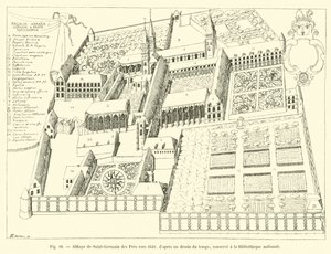 دير سان جيرمان دي بري حوالي عام 1630 ، من رسم زمني ، محفوظ في المكتبة الوطنية بواسطة المدرسة الفرنسية