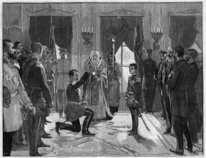 تنازل الملك ميلان الأول لصربيا (1854-1901) ، 7 مارس 1889: أدى الملك السابق قسم الطاعة والإخلاص لابنه الإسكندر الأول من صربيا (1876-1903) ، الذي تنازل عنه للتو. نقش في "" Le Monde Illustré "" رقم 1666 بتاريخ 2 مارس بواسطة المدرسة الفرنسية