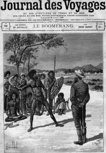 السكان الأصليون في أستراليا يستخدمون بوميرانج ، أواخر القرن التاسع عشر. نقش في "" Journal des Voyages "" بتاريخ 30 أبريل بواسطة المدرسة الفرنسية