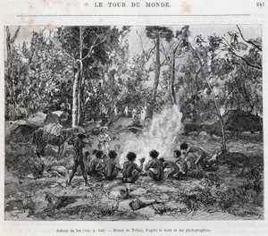 Aborigines under the supervision of a settler, around the fire - in “Tour du Monde”” بواسطة المدرسة الفرنسية