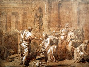 تم اكتشاف درع أخيل من قبل البنات ، حوالي عام 1790 (قلم وحبر مع طلاء بني داكن على الورق) بواسطة المدرسة الفرنسية