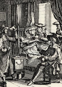 الفصل الثاني من مسرحية "لامور ميديسين" لموليير (1665): لوسيند ، ابنة سغاناريل التي تسمعها 4 أطباء غير أكفاء ، نقش بواسطة المدرسة الفرنسية