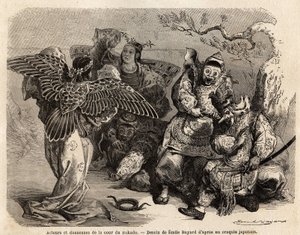 ممثلون وراقصون من بلاط الميكادو في زي المسرح. نقش لتوضيح الرحلة إلى اليابان في 1863-1864، بقلم إيمي همبرت، وزير الاتحاد السويسري، في "جولة في العالم، مجلة الرحلات الجديدة"، التي نُشرت تحت إشراف إد بواسطة المدرسة الفرنسية