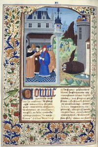 يضيف. 11696 ، f.136v Boccaccio يراقب التعذيب ، من Le Livre des Cases des Nobles et Illustres Hommes بقلم جيوفاني بوكاتشيو ، حوالي 1470 (حبر ولون وذهب على ورق) بواسطة المدرسة الفرنسية