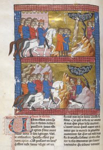 يضيف. 15268 ، f.75v أوديب ، وجده بوليبوس ، ملك كورينث ، رسم توضيحي من 