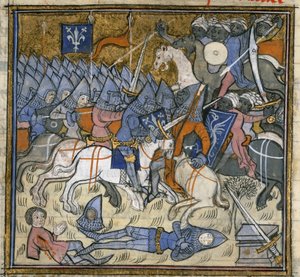يضيف. 15269، f.124v صليبيون يقاتلون المسلمون ، رسم توضيحي من "Chroniques de France ou de St Denys" (حبر ولون وذهب على رق) بواسطة المدرسة الفرنسية