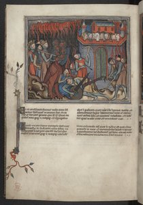 أضف 17333 ، f.42v ، صورة مصغرة لجيوش السماء التي تقاتل التنين (رؤيا 19: 19-20) ، من سفر الرؤيا (نهاية العالم فال ديو) ، حوالي 1320 - 30 (مخطوطة) بواسطة المدرسة الفرنسية