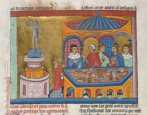 يضيف. MS 15268، fol. 242v معبد يانوس مع أعضاء مجلس الشيوخ يتناولون الطعام في المقدمة ، من "التاريخ القديم إلى قيصر" (الرق) بواسطة المدرسة الفرنسية