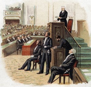 Adolphe Thiers (1797-1877) ، رئيس الجمهورية على منصة الجمعية الوطنية عام 1872 - الطباعة الحجرية الملونة (Chromo) في بداية القرن العشرين. بواسطة المدرسة الفرنسية