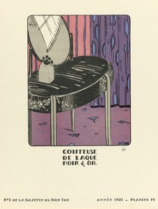 إعلان عن "Coiffeuse de Laque Noque  Or"، طُبع عام 1921 (طباعة بالاستنسل) بواسطة المدرسة الفرنسية