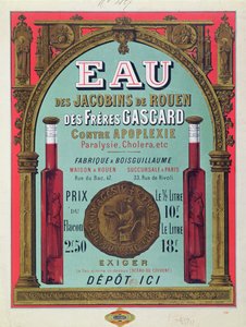 إعلان عن "Eau des Jacobins de Rouen" ، منتصف القرن التاسع عشر (لون ليثو) بواسطة المدرسة الفرنسية