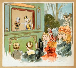 إعلان لمتجر "لو بون مارش" يمثل مجموعة من الأطفال يشاهدون عرضاً للمخنثين، القرن العشرين (مطبوعة حجرية) بواسطة المدرسة الفرنسية