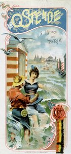 الإعلان للوصول إلى أوستند (بلجيكا) من باريس: أوستند: 5 ساعات من باريس ، حوالي 1900 (طباعة حجرية ملونة) بواسطة المدرسة الفرنسية