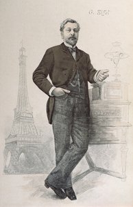 ألكسندر جوستاف إيفل يقف بجانب مكتبه مع رسم لجولة إيفل ، رسم توضيحي من La Revue Illustree ، 1888 بواسطة المدرسة الفرنسية