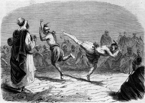 العرف الجزائري: الرقص العربي. رسم السيد ريغو ، بناءً على رسم تخطيطي للسيد أميلير ، قائد الكتيبة. نقش في "" Le Monde Illustré "رقم 86 بتاريخ 11 ديسمبر 1858. بواسطة المدرسة الفرنسية