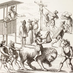 صورة مجردة من الزوائد التي قيل أنها ارتكبت من قبل Huguenots ، من "الحياة العسكرية والدينية في العصور الوسطى" بقلم بول لاكروا ، نُشرت في لندن عام 1880 بواسطة المدرسة الفرنسية