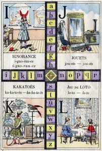 الأبجدية والحرف I J K و L ، الجهل ، الألعاب ، kakatoes ولعبة lotto. ABC للفتيات الصغيرات. تصوير الإبينال بواسطة المدرسة الفرنسية