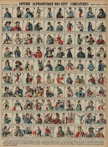 Alphabetical lottery of a hundred caricatures (coloured engraving) بواسطة المدرسة الفرنسية