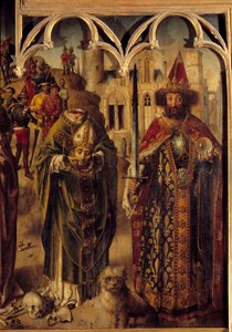 Altarpiece of the Parliament of Paris: detail of the right part representing the Christian martyr Saint Denis of Paris (3rd century) is decapite and holds his head in his hands, next to him Emperor Charlemagne (742-814) as a Byzantine emperor. The dog is a بواسطة المدرسة الفرنسية