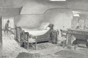 الداخلية العلية لفنان في باريس ، c.1830 (قلم وحبر بني داكن ومراحيض بني داكن على الورق) بواسطة المدرسة الفرنسية