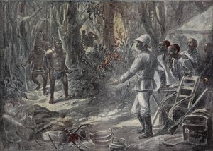 يكتشف مسافر إنجليزي لويد الأقزام أثناء استكشافه لأفريقيا. نقش في "" Le Pelerin "" 1899-04-8. بواسطة المدرسة الفرنسية