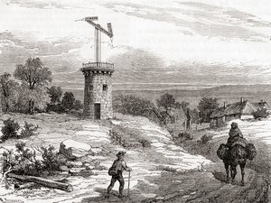 An aerial telegraph post in the 18th century, from Les Merveilles de la Science, published c.1870 (engraving) بواسطة المدرسة الفرنسية
