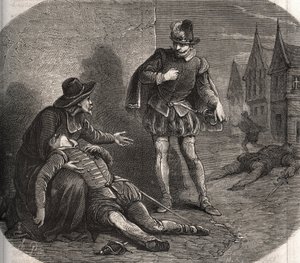 عُثر على مبعوث ملك فرنسا هنري الثالث (1551-1589) وهو يحتضر في شوارع روما عام 1582. وكان يحمل رسالة مساومة من الملك بخصوص شقيقته مارغريت دي فالوا (1553-1615) ، المعروفة باسم الملكة مارغو. . نقش من 1871 في " بواسطة المدرسة الفرنسية