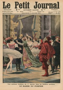 تقليد غريب في 1 يناير في المسارح الباريسية ، "Fireman Kiss" ، صورة الغلاف الأمامي من "Le Petit Journal" ، ملحق illustre ، 4 يناير 1914
