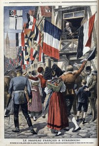 يُسمح لجندي فرنسي قديم في مدينة ستراسبورغ التي احتلتها ألمانيا بعرض العلم الفرنسي - "Le Petit Journal" في 20 سبتمبر 1908 (نقش) بواسطة المدرسة الفرنسية