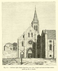 كنيسة Sainte-Genevieve السابقة حوالي عام 1516 ، بعد رسم رسمه Saint-Aulaire نشره MA Lenoir بواسطة المدرسة الفرنسية