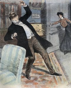 هجوم السكتة الدماغية (توقف مفاجئ لنشاط الدماغ نتيجة حادث للدورة الدموية في الدماغ). رسم توضيحي لنهاية القرن التاسع عشر لرواية "gogosse" لماكس فيلمر. بواسطة المدرسة الفرنسية
