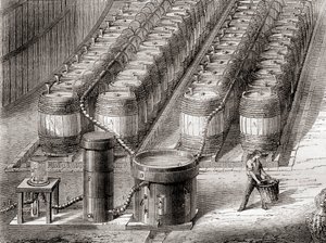 Apparatus used for the preparation of the hydrogen gas, by the action of sulfuric acid on iron, when filling a balloon, from 