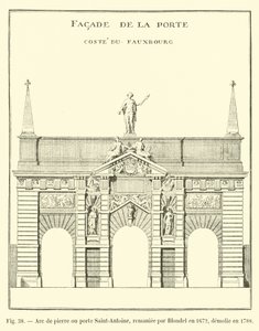 قوس حجري أو بوابة سانت أنطوان ، أعاد بناؤها بلونديل عام 1672 ، تم هدمه عام 1788 بواسطة المدرسة الفرنسية