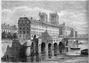 الهندسة المعمارية: منظر خارجي لـ Hotel Dieu في Ile de la Cite في باريس ، قبل هدمه. منظر مأخوذ من Quai de la Tournelle في عام 1859. نقش في "" Le Monde Illustré "" رقم 136 بتاريخ 19 نوفمبر 1859. بواسطة المدرسة الفرنسية