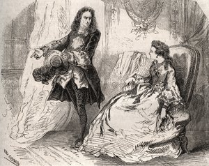 أرماندي بيجارت (1641-1700) ، زوجة جان بابتيست بوكلين ديت موليير (1622-1673) مع عشيقها ، كونت غيش ، نقش عام 1871 في "تاريخ ديس كوك سيليبريس" لهنري دي كوك (1819-1892). بواسطة المدرسة الفرنسية