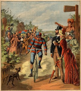 وصول سباق دراجات في الريف الفرنسي. نقش في "" La Terre Illustree "رقم 81 بتاريخ 19 مايو 1892. بواسطة المدرسة الفرنسية