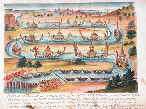 وصول السفراء الفرنسيين إلى صيام ، من حساب اليسوعيين في صيام ، 1688 (مرحاض على ورق) بواسطة المدرسة الفرنسية
