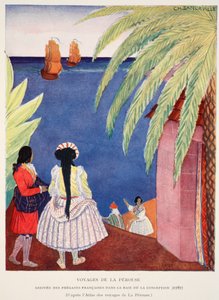 وصول الفرقاطات الفرنسية إلى خليج التصور ، رحلات Perouse ، نسخة من M. Charles Sanlaville (fl.1920-30) ، توضيح من Histoire de la Nation Française بواسطة Gabriel Hanotaux (1853-194 بواسطة المدرسة الفرنسية