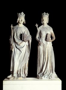 Art France: تماثيل لملك فرنسا شارل الخامس المعروف باسم شارل الحكيم (1338-1380) وملكة فرنسا جان دي بوربون (1337-1378). النحت من الحجر الجيري من القرن الرابع عشر. ربما من واجهة المدخل الشرقي لمتحف اللوفر (ديكور بواسطة المدرسة الفرنسية
