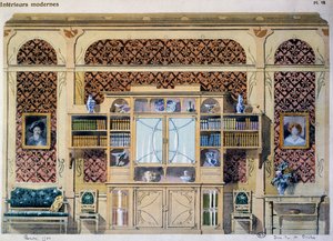 مكتبة على طراز فن الآرت نوفو ، رسم توضيحي من مجلة Interieurs Modernes (Modern Interiors) بواسطة المدرسة الفرنسية