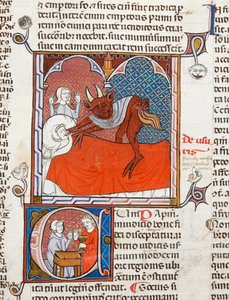 Arundel 484 f.245 شيطان أو شيطان على سرير شخص ميت ، رسم توضيحي من Digestum Vetus مع gloss ordinaria ، بواسطة جستنيان ، 1300-10 (ورق) بواسطة المدرسة الفرنسية